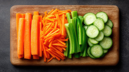 A visually appealing arrangement of freshly cut carrots, celery, and cucumbers on a wooden cutting board, perfect for healthy meals and vibrant snacks.の素材