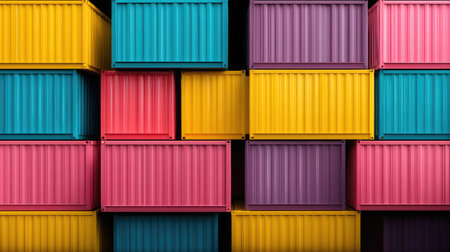 A striking arrangement of colorful shipping containers stacked together in vibrant shades of pink, yellow, purple, and blue, showcasing a contemporary industrial aesthetic.の素材