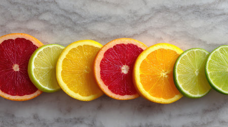 A beautiful arrangement of colorful citrus slices including grapefruit, orange, lemon, and lime on a marble surface, perfect for food styling and culinary projects.の素材