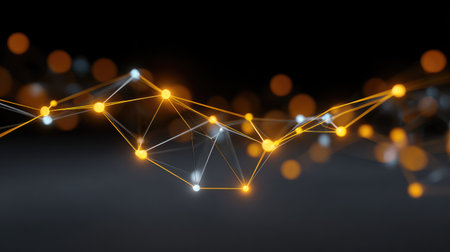 This striking abstract image features a digital network composed of glowing nodes linked by elegant lines, reflecting modern technology and innovative concepts against a dark background.の素材