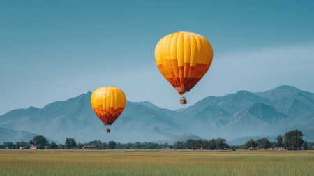 Two vibrant hot air balloons soar above lush green fields and majestic mountains, creating a picturesque scene ideal for travel, adventure, and outdoor themes.の素材