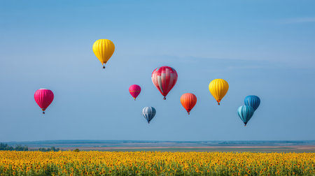 A stunning scene of colorful hot air balloons gracefully drifting over a vast sunflower field, capturing the essence of adventure and the beauty of nature in full bloom.の素材