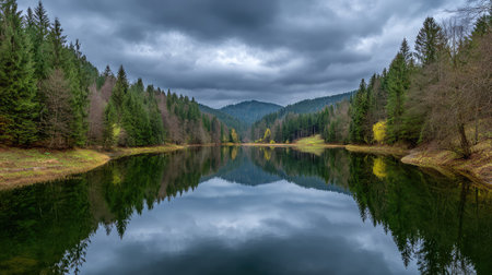 A serene lake mirrors a lush pine forest against a backdrop of dramatic clouds, inviting visitors to experience nature's peaceful beauty during autumn. Ideal for relaxation.の素材