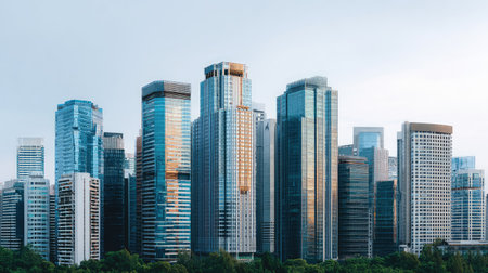 Captivating modern urban skyline showcasing sleek glass buildings with reflective surfaces, framed by lush greenery in the foreground and a tranquil blue sky above.の素材