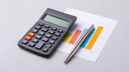 A calculator, a sleek pen, and a colorful business chart on a grey desk depict essential tools for financial analysis and planning in a professional setting.の素材