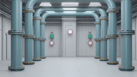 An empty industrial space featuring large blue pipes and wall clocks, ideal for showcasing engineering designs or architectural concepts in a modern setting.の素材
