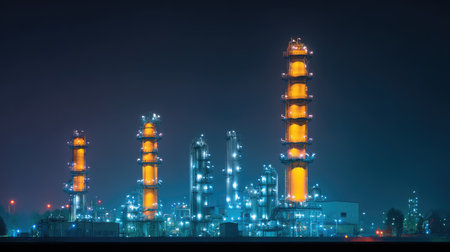 A striking nighttime image of a modern industrial plant showcasing tall illuminated towers. The vibrant orange lights contrast beautifully with the dark sky, creating a captivating urban landscape.の素材