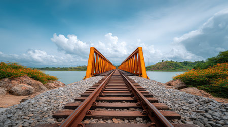 This stunning image features a railway bridge stretching over serene waters, framed by lush greenery and dramatic clouds, epitomizing harmony between nature and industrial design.の素材