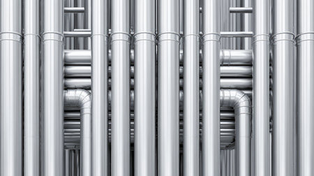 Close-up view of metallic pipes arranged intricately, illustrating a modern industrial design with reflections and shadows that highlight engineering beauty and functionality.の素材