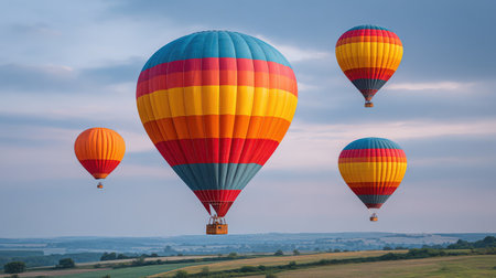 A stunning scene featuring colorful hot air balloons soaring in the early morning sky above a picturesque landscape, embodying adventure and serenity in travel experiences.の素材