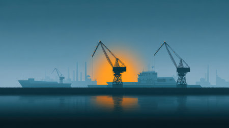A tranquil twilight scene featuring cranes and ships silhouetted by a glowing sunset, capturing the essence of maritime industry and transportation in a serene environment.の素材