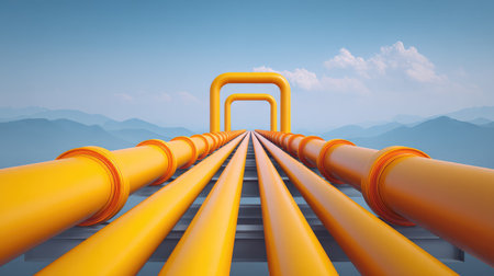 A captivating view of bright yellow pipelines stretching towards the horizon under a serene blue sky, framed by distant mountains, showcasing modern industrial aesthetics with minimalistic charm.の素材