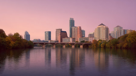 Experience the calm of the Austin skyline at sunset, featuring stunning reflections in Lady Bird Lake amid an enchanting pink and purple sky, perfect for urban nature lovers.の素材