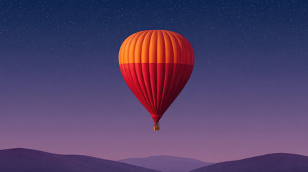 A colorful hot air balloon rises gracefully in a starry twilight sky, providing a stunning view over rolling hills, evoking a sense of adventure and tranquility in nature.の素材