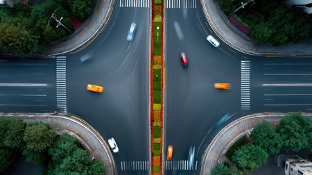 Captivating aerial photograph showcasing a bustling urban intersection, lively traffic, vibrant flower beds, and lush greenery creating a harmonious city environment.の素材