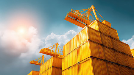 A striking image of stacked yellow shipping containers highlights the bustling activity of a modern logistics facility against a beautiful sky.の素材