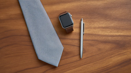 This image showcases a stylish arrangement of a gray tie, smartwatch, and sleek metal pen on a wooden table, perfect for conveying professionalism and modern elegance.の素材