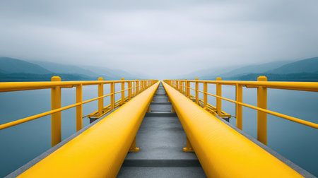 Tranquil view of a yellow pipe walkway extending over a calm lake, surrounded by misty mountains and a cloudy sky, perfect for conveying serenity and tranquility.の素材