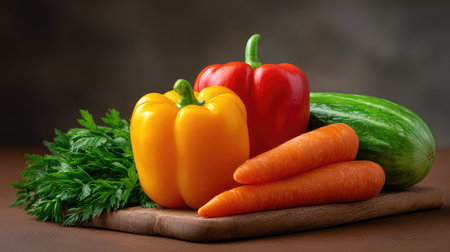 A beautiful arrangement of fresh vegetables on a wooden cutting board showcasing red and yellow bell peppers, vibrant carrots, and a cucumber, ideal for healthy cooking inspiration.の素材