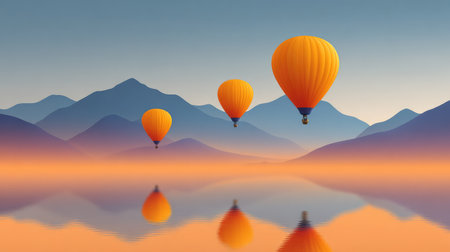 Enjoy a tranquil scene of orange hot air balloons gracefully floating above a calm lake, with stunning mountains in the background, evoking a sense of peace and adventure.の素材