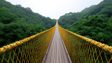 A captivating view of a yellow suspension bridge stretching through a serene landscape of green trees and fog, perfect for nature enthusiasts and adventurers.の素材