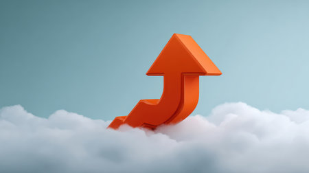 An eye-catching orange arrow rises above soft white clouds, symbolizing growth and success, ideal for concepts of positivity and motivation in business and personal development.の素材
