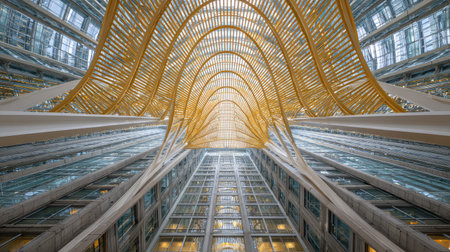 Captivating image of a modern building interior showcasing intricate golden arches and glass elements, highlighting contemporary architectural design and elegance.の素材