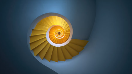 Captivating spiral staircase featuring vibrant yellow steps set against a serene blue backdrop, showcasing modern design and aesthetic appeal in architectural space.の素材