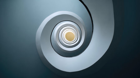 A captivating view of a spiral staircase captured from below, highlighting the smooth lines and soft light, creating a serene and contemporary architectural aesthetic.の素材