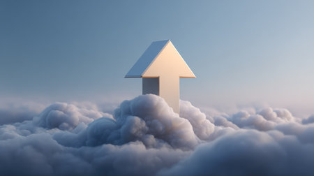 A serene abstract image featuring a white arrow rising above fluffy clouds in a calm sky, symbolizing aspiration, growth, and limitless potential in a beautiful environment.の素材