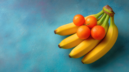 A captivating composition featuring fresh bananas and juicy oranges placed on a vibrant blue background, ideal for promoting healthy eating and colorful culinary scenes.の素材