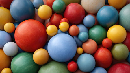 A colorful display of wooden spheres in various sizes, ideal for educational purposes, children's toys, and creative art projects, adding a playful touch to any visual composition.の素材