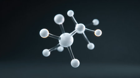 This image features a detailed molecular structure with spheres and lines against a dark background, perfect for illustrating scientific concepts in education and research.の素材