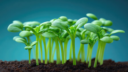 A closeup image of vibrant green seedlings emerging from dark soil, illustrating the beauty of nature's growth and the beginnings of new life in a tranquil environment.の素材
