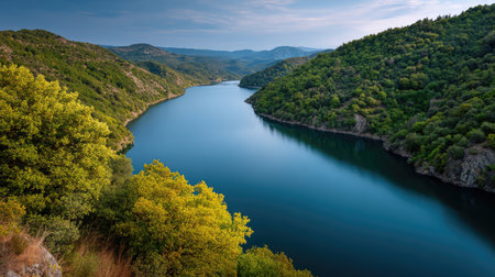 A stunning river landscape showcasing tranquil waters and vibrant green hills, perfect for nature lovers seeking adventure and peaceful retreats in the great outdoors.の素材