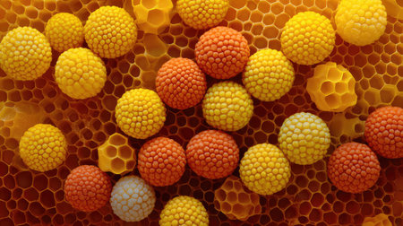 Explore the captivating detail of microorganisms on a honeycomb, highlighting vibrant colors and unique shapes, perfect for science and nature themes.の素材