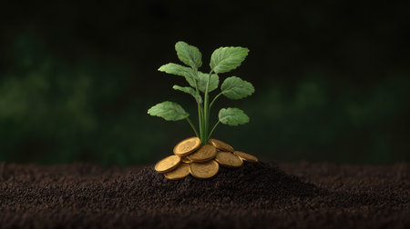 An emerging green plant grows from a mound of coins in a dark setting, symbolizing the connection between nature, financial growth, and investment opportunities.の素材