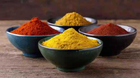 An eye-catching display of colorful spices in bowls, showcasing a rich texture and vibrant hues, perfect for food photography and culinary inspiration.の素材