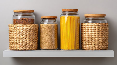 This image captures a neat arrangement of glass jars and woven baskets on a shelf, adding style and organization to any kitchen space for efficient cooking and storage.の素材