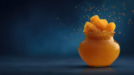 A stunning jar filled with golden honey and honeycomb, showcasing the natural sweetness and rich texture against a dark blue backdrop, perfect for food enthusiasts and culinary uses.の素材