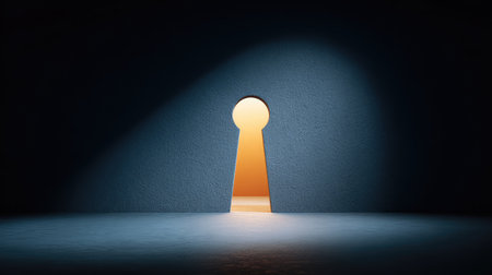 A captivating image featuring a keyhole revealing a bright light in a dark setting, symbolizing exploration, opportunities, and the journey toward new possibilities.の素材