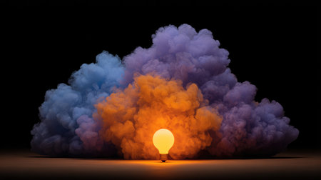 A glowing light bulb emerges from a vibrant cloud of colorful smoke, creating a striking visual against a dark background, embodying themes of creativity and inspiration.の素材