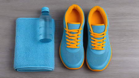 A vibrant flat lay image featuring athletic shoes with orange laces, a water bottle, and a towel, ideal for promoting fitness, health, and workout routines in photography.の素材