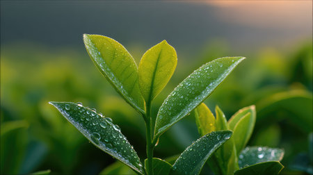 A stunning close-up of fresh green leaves adorned with water droplets, capturing the essence of nature's beauty in a calm and vibrant outdoor setting at sunrise.の素材