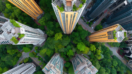 Stunning aerial perspective of skyscrapers enveloped by lush greenery, illustrating the coexistence of urban life and nature in a vibrant cityscape.の素材