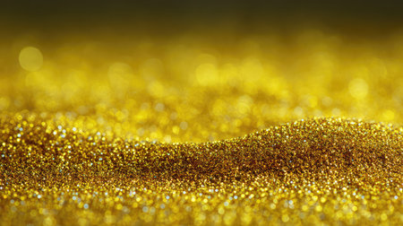 Stunning close-up of a shimmering gold glitter surface that captures light beautifully, making it perfect for artistic creations, celebratory themes, or luxury designs.の素材