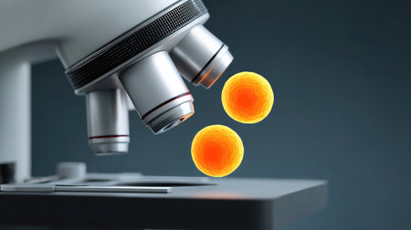 This image depicts a microscope focused on two vibrant orange cells, highlighting the intricate details of scientific observation and research in a laboratory setting.の素材