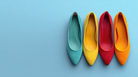 A stylish collection of colorful flats displayed against a soft blue background, perfect for setting fashion trends, showcasing vibrant outfits, or inspiring modern elegance.の素材