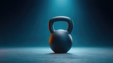 A captivating kettlebell strikingly illuminated in a dark setting, symbolizing fitness and strength, perfect for motivating your workout or health content.の素材