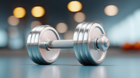 A sleek silver dumbbell rests on a gym floor with a blurred background, symbolizing a commitment to fitness, strength training, and an active lifestyle. Perfect for health-related visuals.の素材